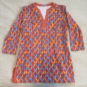 J.McLaughlin Tunic Top Women's Geometric Sz Medium Catalina Cloth 3/4 Sleeve